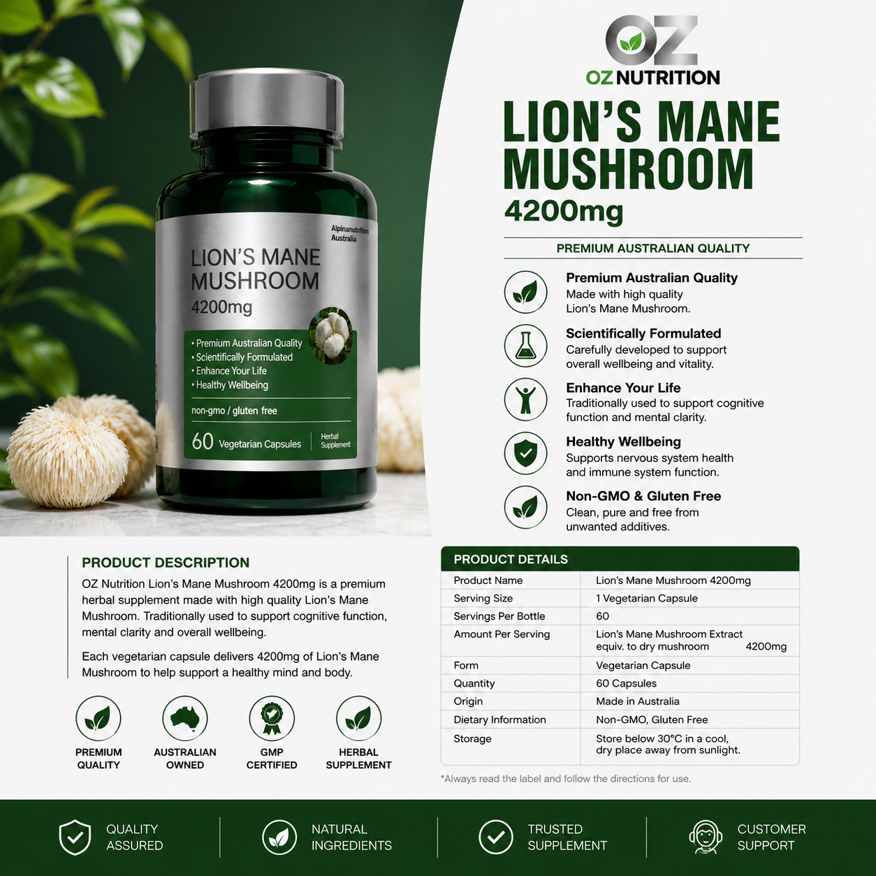 LIONS MANE VEGAN CAPSULES 4200MG MUSHROOM SUPPLEMENT 60x Organic Lion's Mane