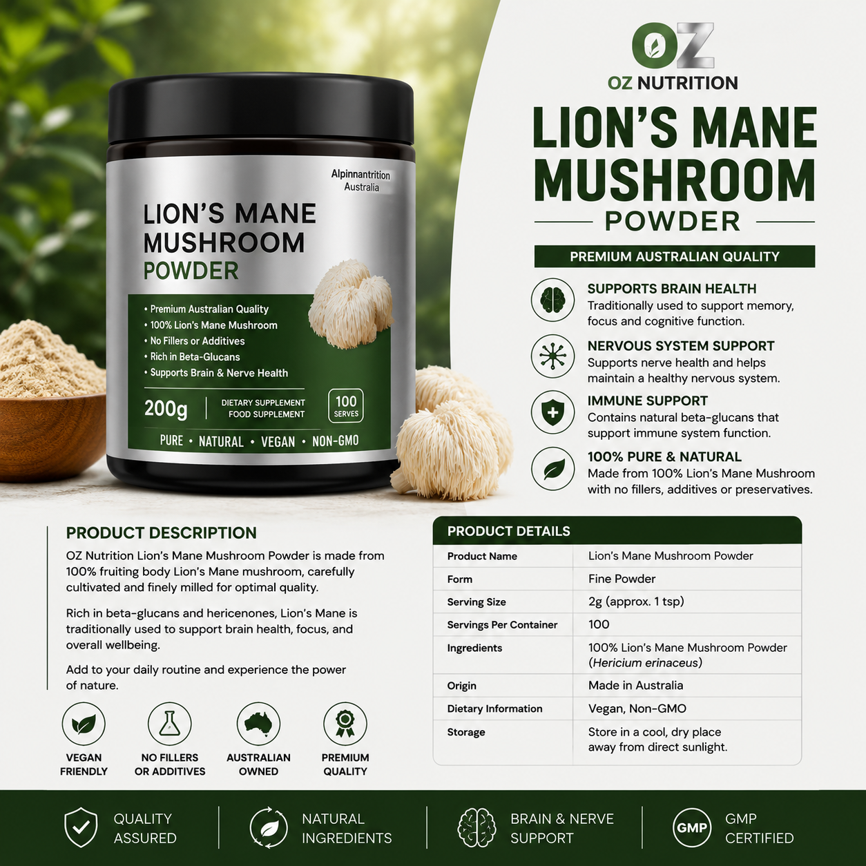 OZ Nutrition Lion’s Mane Mushroom Powder