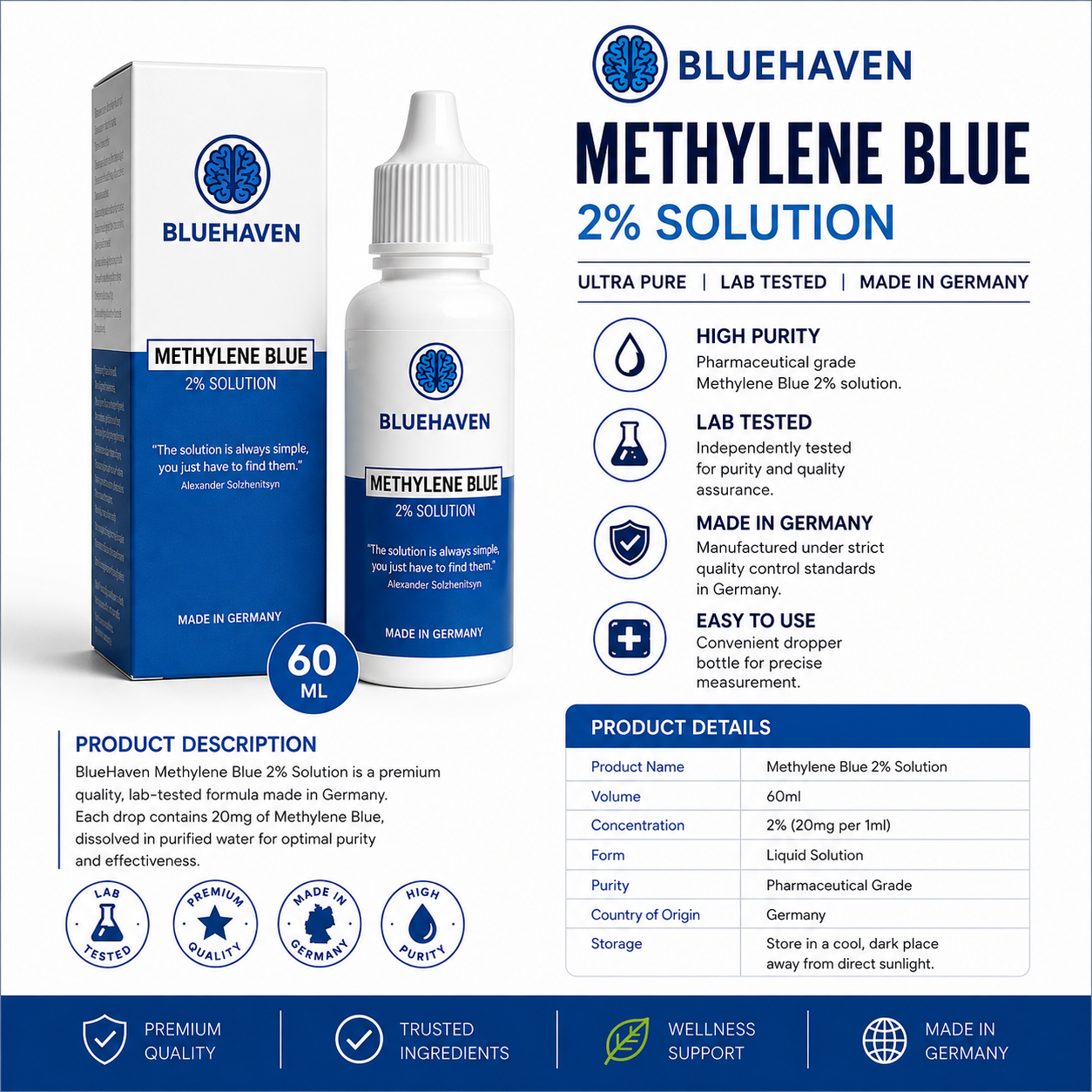Methylene Blue | Premium 2% Solution USP Grade - 60ml | Ultra High Purity Aus